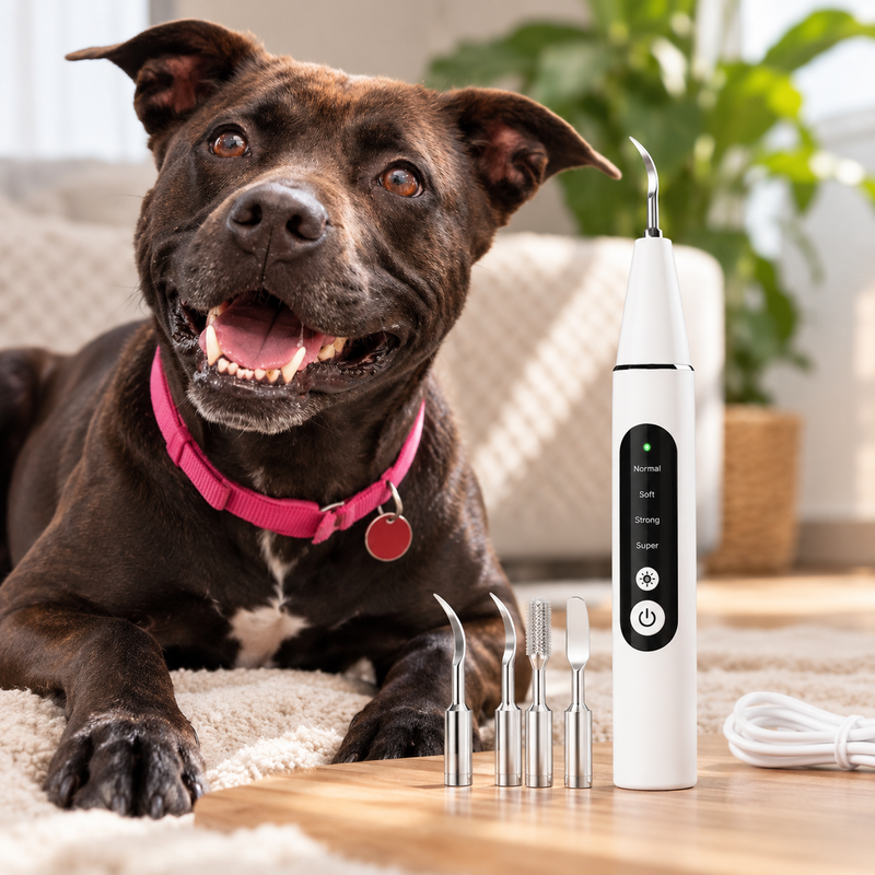Black dog with pink collar beside a white ultrasonic dental scaler and interchangeable cleaning heads.
